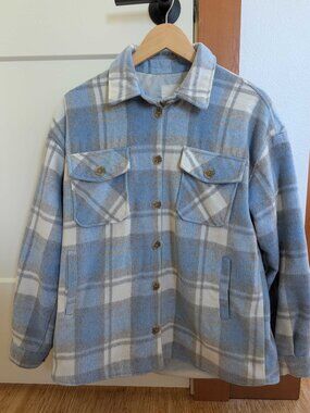 Thread & Supply White & Blue Plaid Shacket Jacket Size Small